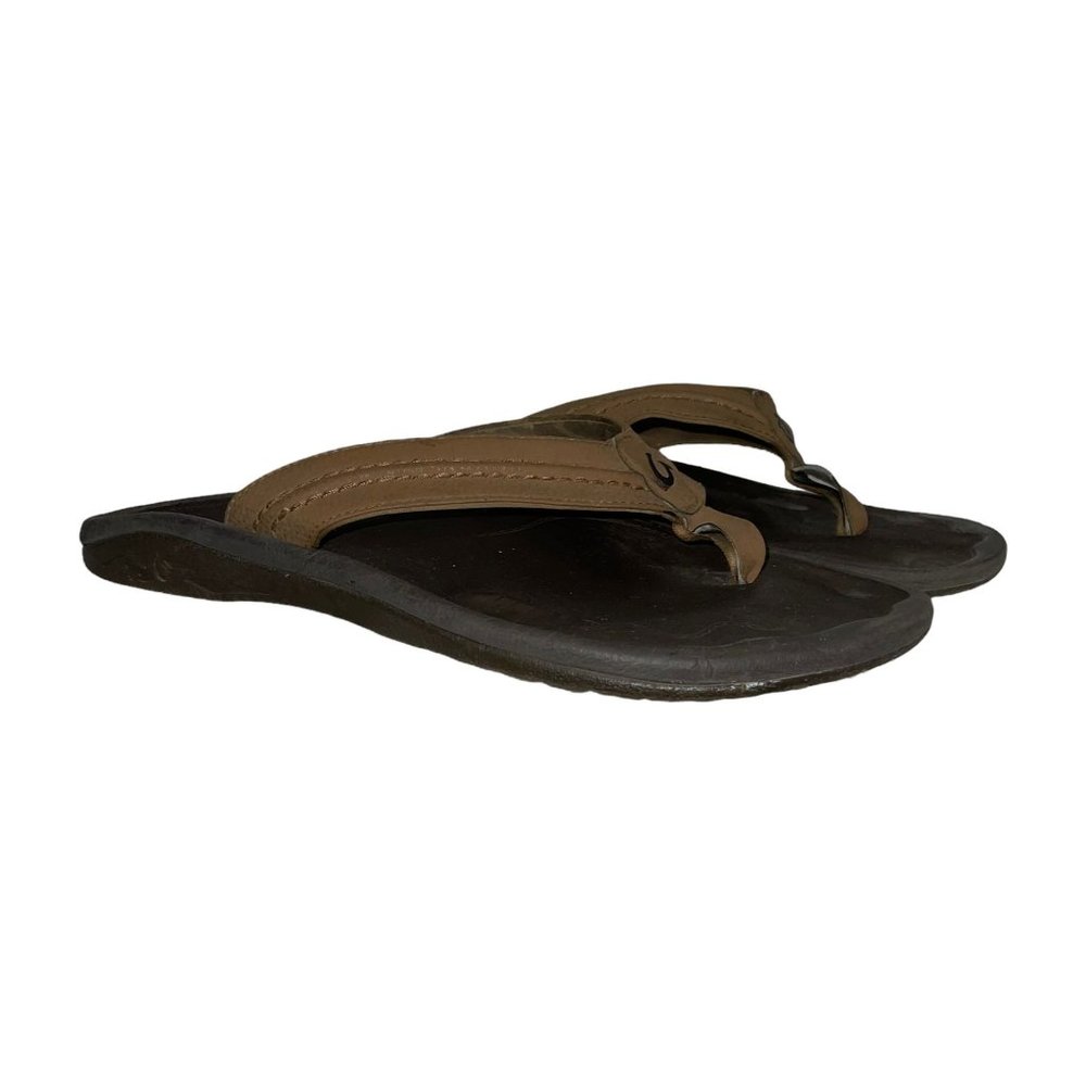 Olukai Brown Leather Thong Flip Flops Sandals Men's 15